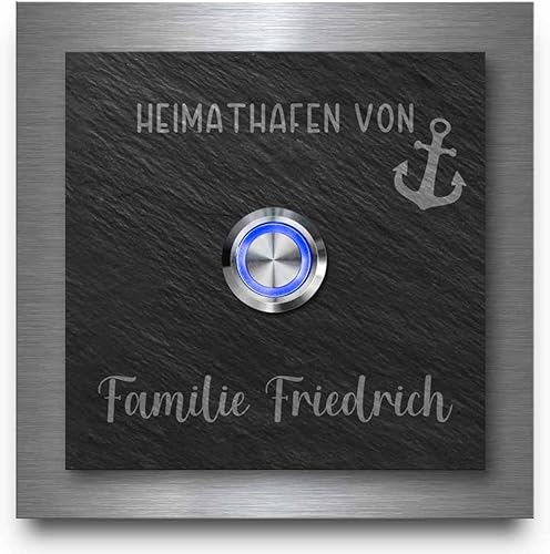 Schiefer Türklingel mit Edelstahlrahmen - Klingel Modell Friedrich ab 10x10 cm | Individuell graviert mit Wunschtext und Motiven - Optional mit beleuchtetem Klingelknopf - Cheap-Us