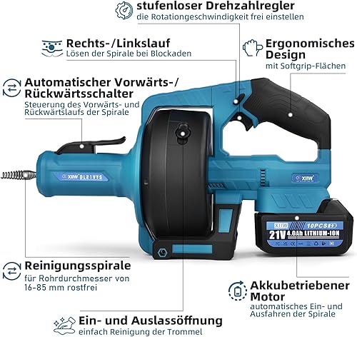Rohrreinigungsmaschine Akku 610 U/min Kompatibel mit Makita 18V Akku, Ø9mm 7.6M Rohrreinigungsspirale für Ø16-85 mm Rohrleitung, Elektrisch Abflussreiniger Rohrreiniger Drain Clean Rohrreinigungsgerät - Cheap-Us