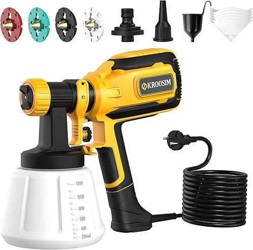 Farbsprühsystem, Kroosim 700W HVLP Lackierpistole Elektrisch mit 4 Düsen und 3 Sprühmuster, 1200ml Verstellbarem Farbfluss Farbsprühgerät für Zäune, Schränke, Wände, Decken, Möbel (Yellow) - Cheap-Us