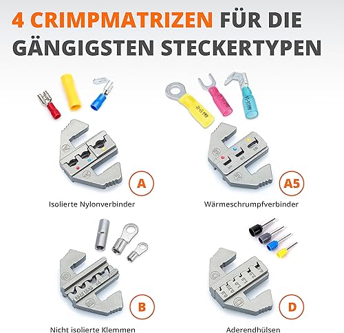 Wirefy Crimpzange Stoßverbinder für isolierte Kabelschuhe Crimpzange für Flachsteckhülsen mit Ratschenfunktion - Crimpzangen geeignet für 0,5mm² -6mm² | Aderendhülsenzange und Crimpzange Kabelschuhe - Cheap-Us