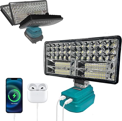 Akku Lampe für Makita 18V, 90W 6800LM Kabellose Arbeitsleuchte, 2 Modi LED Akku Strahler mit 2 USB-Aufladung, Tragbares Flutlicht für Notfälle, Baustelle, Camping, Autoreparaturen (kein Akku) - Cheap-Us