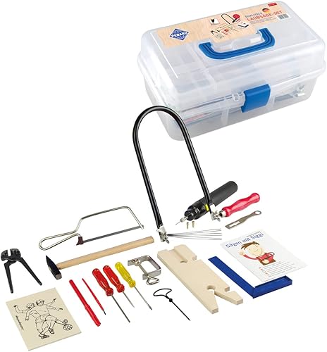 Pebaro 641S Laubsäge in Kunststoffbox, 27 Teile, praktischer Koffer, ausklappbare Fächer, komplettes Set, Laubsägebogen made in Germany, Bohrmaschine, Basteln mit Holz, Geschenkidee für Kinder - Cheap-Us