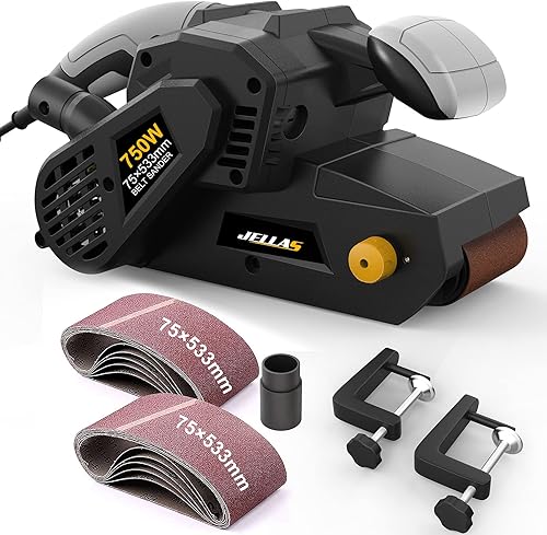 JELLAS Bandschleifer 75 mm × 533 mm mit 10-teiligen Schleifbändern und Staubbeutel, Tischschleifer mit variabler Drehzahlregelung, 2-in-1-Staubsaugeradapter, 3 Meter langes Netzkabel, BS750 - Cheap-Us