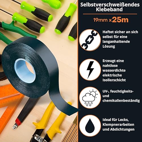 Gocableties - Selbstverschweißendes Klebeband -25 mm x 10 m - Isolierband und Dichtungsband für wasserdichte Reparaturen - Schwarz - 2 Rollen - Cheap-Us