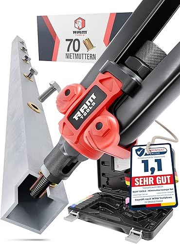 RAM TOOLS® Nietmutternzange, Nietzange Set inkl. 70 Nietmuttern, MIT Bohrloch/-größentabelle, Dorne in M3 M4 M5 M6 M8 M10 M12, Profi Blindnietmutternzange - Cheap-Us