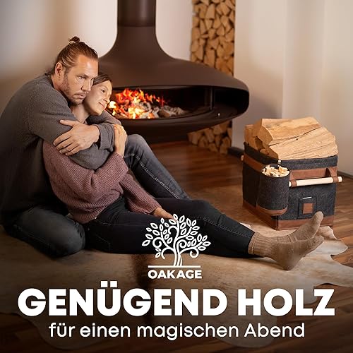 OAKAGE® Holzkorb für Kaminholz Groß [Schmutzabweisendes Innenfutter und Lederboden] Kaminholzkorb Feuerholzkorb Brennholzkorb Kaminkorb Filzkorb | Korb Dunkelgrau - Cheap-Us