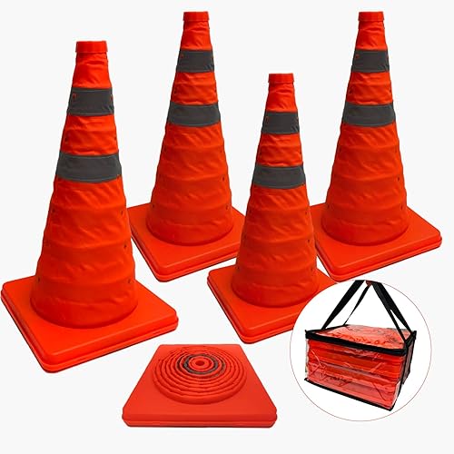 BotaBay 4PCS Faltbare Verkehrskegel 70cm Warnkegel Sicherheit Straße Parkplatz Kegel Gewichtete Kegel BAU Kegel Fluoreszierende Orange Reflektierende Silber Streifen Kragen mit PVC Handtasche - Cheap-Us