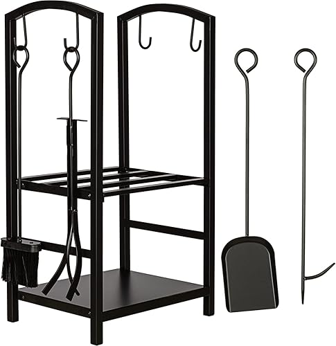 STILISTA® Kaminholzständer 73 x 40 x 30 cm, 2 Ablagen, inklusive Kaminbesteck 4-teilig, Schaufel, Besen, Zange, Haken - Cheap-Us