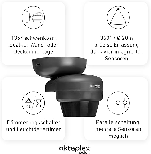 Oktaplex Mia Bewegungsmelder Aussen 360 Grad schwenkbar IP65 Bewegungssensor Aufputz 10m Reichweite 230V anthrazit - Cheap-Us