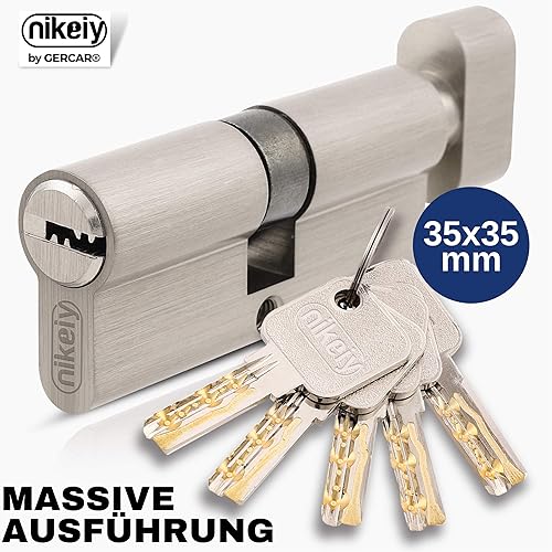 GERCAR Pro Knaufzylinder 45/45 Massiver Schließzylinder mit Knauf Zylinderschloss Türschloss - aus Messing Matt Vernickelt - inkl. 5 Schlüssel - Wendeschlüssel - Länge: 90 mm, A:45 B:45-1x - Cheap-Us