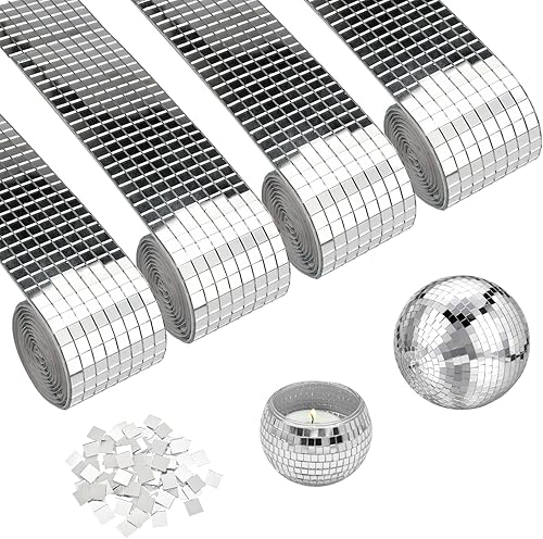 4 Rollen 6400 Stück Spiegel Mosaik Selbstklebend,Selbstklebende Mini Spiegel 5 x 5 mm Glas,Spiegel Mosaik Fliesen Disco Kugel,Mini Mosaik Spiegelfliesen für KTV Hause DIY Dekoration,4 x 100 cm/Rolle - Cheap-Us