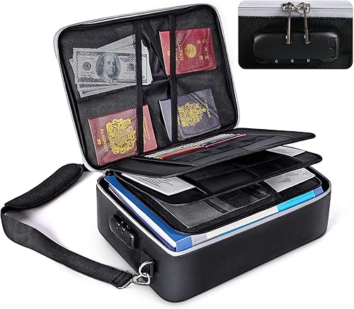 SUFFLA Feuerfeste Dokumententasche, Wasserdichte Geldtasche, Aktensafe Schließfach, Zuhause, Büro, Reisesichere Tasche mit verstellbarem Schultergurt, Geldkassette Organizer für Zertifikate - Cheap-Us