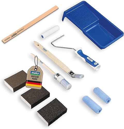 mako PROFI Lackierset 11-teilig – Komplett-Set inkl. Lackwalze, Schleifschwämme, Plattpinsel, Lackroller, Ringpinsel und Rührholz für lösemittelarme und wasserbasierte Lacke und Kreidefarben - Cheap-Us