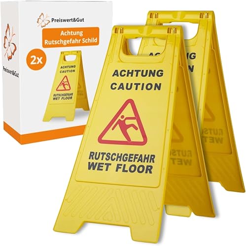 2 x Achtung Rutschgefahr Schild Warnschild für Nässe und Glätte | Vorsicht Rutschgefahr Aufsteller mit Piktogramm - Ideal für Geschäfte, Lagerhallen, Krankenhäuser Größe 60 cm x 21/30 cm - Cheap-Us