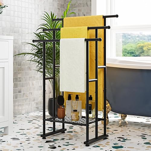 FOUBAM Handtuchhalter, Handtuchständer, Handtuchleiter stehend mit 3 Handtuchstangen, für Badetücher, Decken, platzsparend, Stabil, Industriestil,Badezimmer Badetuchhalter Stahl, Silber - Cheap-Us