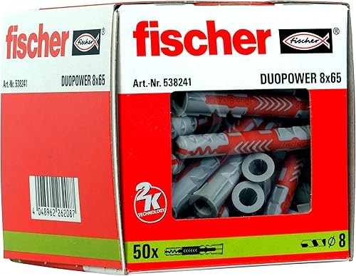 fischer DuoPower 8 x 65, Universaldübel, leistungsstarker 2-Komponenten-Dübel, Kunststoffdübel zur Befestigung in Beton, Ziegeln, Stein, Gipsbauplatten uvm., ohne Schrauben, 50 Stück - Cheap-Us