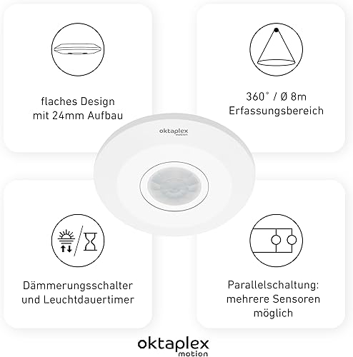 Oktaplex Ina Bewegungsmelder Innen 360 Grad 8m Reichweite LED geeignet weiß Aufputz 230V mit Dämmerungssensor - Cheap-Us