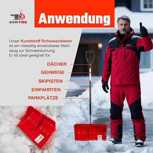 SHW-FIRE | Schneeschieber 50 cm breit, robuster Holzstiel, Schaufel aus Kunststoff, und Aluminiumkante, Schneeschaufel optimal für Schnee räumen auf Gehwegen & Einfahrten | Made in Germany - Cheap-Us