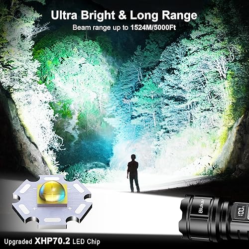 Blukar Taschenlampe LED Aufladbar, 500000 Lumen Extrem Hell Taschenlampen Zoombare Taktische Handlampe mit 5 Lichtmodi, IP67 Wasserdicht Flashlight Torch für Camping, Outdoor, Notfäll - Cheap-Us