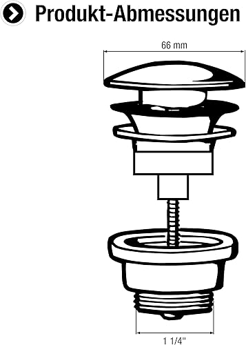 Cornat Ablaufventil für Waschtische - 1 1/4 Zoll AG - Ø 66 mm - Mit Push-Open-Funktion - Hochwertige Verchromung / Pop-Up-Ventil / Waschbeckenablauf / T317421OH Chrom (Glänzend) - Cheap-Us