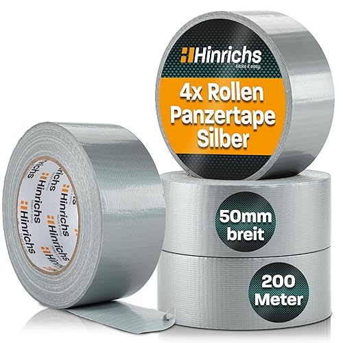 Hinrichs Panzertape silber - 4 Rollen 50m x 50mm Gewebeband - extra starkes Klebeband - wasserdichtes Panzerband - breites Gewebeklebeband grau - power Duct Tape für Innen und Außen - Cheap-Us