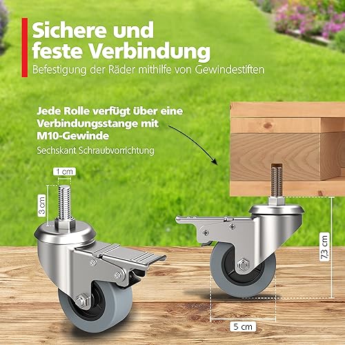 RAVN HAMAN 4er Set Möbelrollen 50 mm mit Gewinde-Stift 10 mm x 25 mm - Schwerlastrollen mit Bremse bis 30 kg pro Rad - Transportrollen für innen und außen - Lenkrollen für viele Bodenarten - Cheap-Us