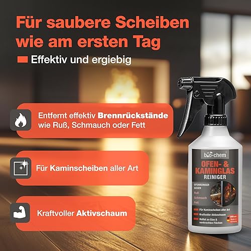 bio-chem Ofen- und Kaminscheibenreiniger Kaminglasreiniger - 3x 500 ml Hochleistungs-Aktivschaum inkl. Mikrofasertuch - Entfernt mühelos hartnäckige Ablagerungen wie Ruß, Fette, Rauchharz - Made in DE - Cheap-Us
