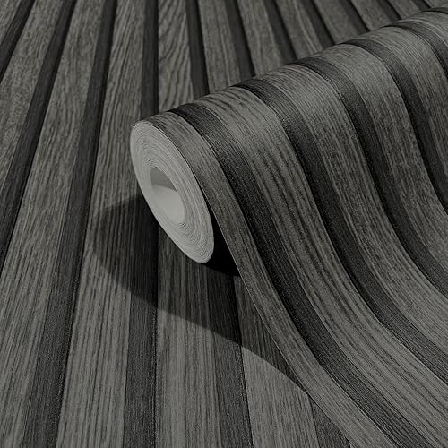marburg Tapete Holzoptik Schwarz Akkustikpaneele 3D Effekt Vliestapete Wohnzimmer Schlafzimmer 10,05 x 0,53m Made in Germany - Cheap-Us