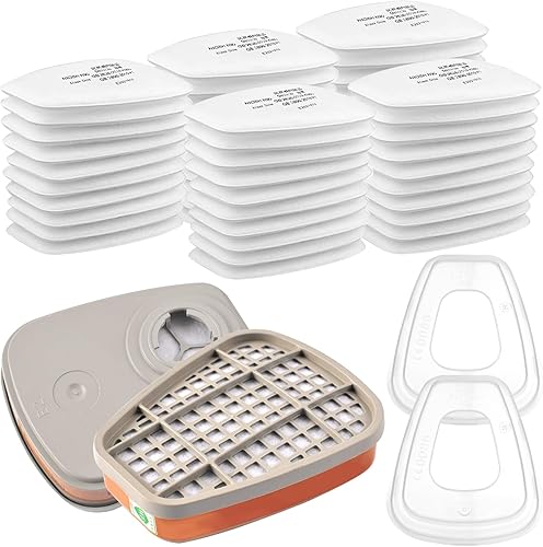 6001 Filter für Atemschutzmaske Set, Filter gegen Organische Dämpfe Set, Baumwollfilter Filters, 50 Filterbaumwolle + 2 Filter und 2 Abdeckkappen für Handwerker, Heimwerker, Farbspritz - Cheap-Us