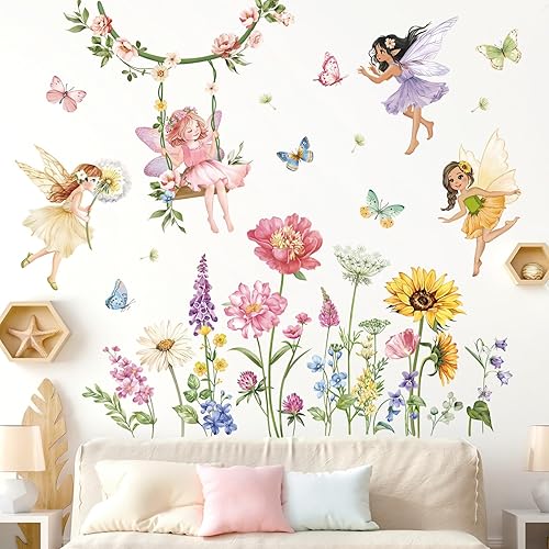 decalmile Wandtattoo Mädchen Feen Blumen Wandaufkleber Schmetterling Wildblumen Elfen Wandsticker Babyzimmer Kinderzimmer Schlafzimmer Wanddeko - Cheap-Us
