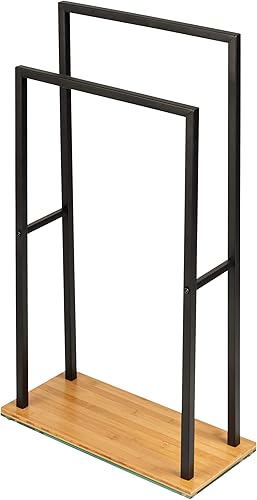 WENKO Handtuchständer Mod. Bambusa, Handtuchhalterung mit 2 Handtuchstangen, Fuß aus Bambus, Gestell aus schwarzem Stahl, 46 x 20 x 80 cm, Natur/Schwarz - Cheap-Us