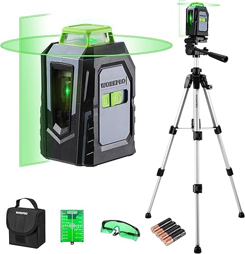 WORKPRO 360° Laserwasserwaage mit Stativ, 30 m Grüner Kreuzlinienlaser, Horizontal/Vertikal/Kreuzlinien-Modus, Auto-Nivellierung, Ideal für Baustellen, Decken-, Fliesen- und Dekorationsarbeiten - Cheap-Us