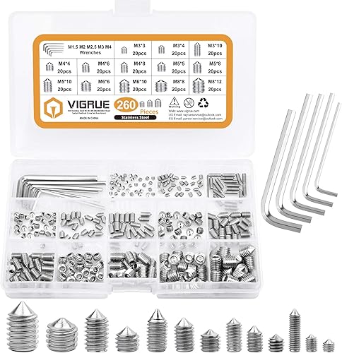 VIGRUE 260 Stück Madenschraube Kegelspitze Hex Madenschrauben Sortiment M3 M4 M5 M6 M8 Edelstahl Einschraubmuffen Sortiment Befestigungsteile Kits mit Sechskantschlüssel - Cheap-Us