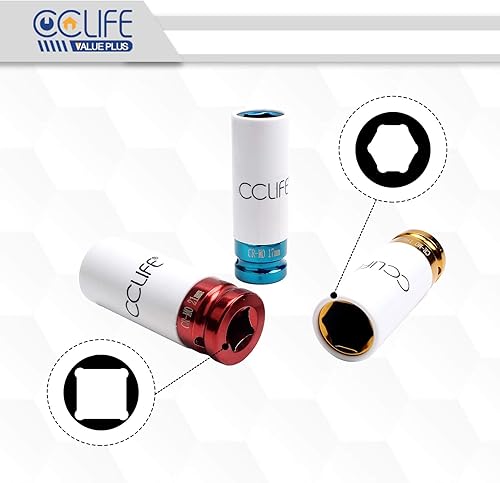 CCLIFE 3tlg Steckschlüsselsatz Schoneinsätze 1/2' Alufelgen 17 19 21mm Cr-Mo Schlagschrauber Nüsse Schonnüsse Radwechsel | 78mm Länge - Cheap-Us