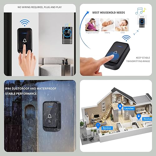 KEWUZY Funktürklingel,Wasserdicht Staub Aussen Klingel Haustür mit 52 Klingeltönen 4 Lautstärken Blinkende LED,Türklingel Set Drahtlose Reichweite 400m (Schwarz) - Cheap-Us