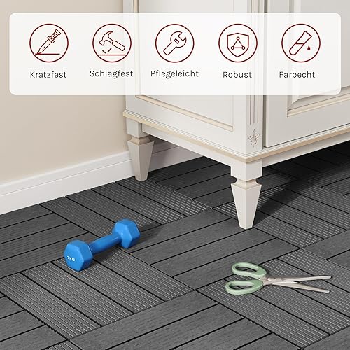 WOLTU WPC Terrassenfliesen Terrassendielen Fliese in Holzoptik Bodenbelag mit klicksystem Anthrazit (11 Stück / 1 m²) - Cheap-Us