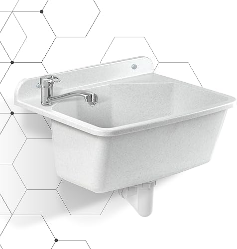 gospo Ausgussbecken mit Armatur, Siphon, 46 x 37 x 20 cm, Waschbecken aus Kunststoff, Waschtrog für Garten, Garage, Keller, Werkstatt, Wandmontage, Spülbecken inkl. Zubehör (grau) - Cheap-Us