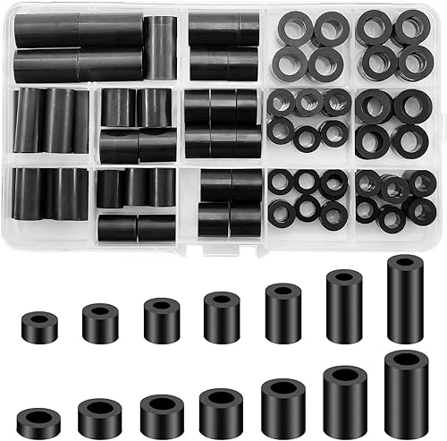 gaoduanluoluo 90 Stück Runde Abstandshalter Kunststoff, Distanzhülsen für M6 M8 Schrauben, Isolierung Beilagscheiben Ohne Gewinde Säulen Set, Unterlegscheiben Kunststoff mit Aufbewahrungsbox (Schwarz) - Cheap-Us