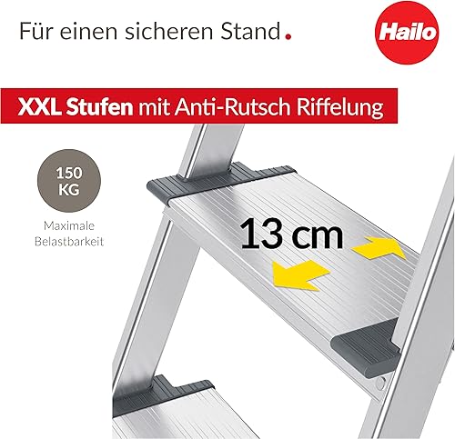 Hailo L84 ComfortLine Alu-Sicherheits-Stehleiter - 3 XXL-Stufen belastbar bis 150 kg - Tiefe Standfläche & Haltegriff - Stehleiter mit Ablage - Aluleiter Made in Germany - Leiter rostfrei - Silber - Cheap-Us