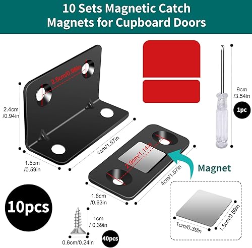 Nadinsta 10 Stück Magnetschnäpper, Türmagnet, Magnete für Schranktüren L-Shape mit Schraubendreher Stark Selbstklebend für Schubladen, Kleiderschrank, Schranktür, Schiebetür (Schwarz) - Cheap-Us