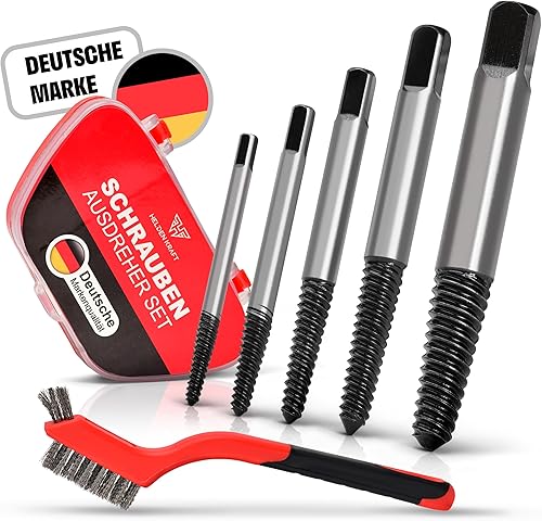 HELDENKRAFT® Schraubenausdreher Set [5 Größen inkl. Zubehör] - strapazierfähige Linksausdreher aus Stahl zum Entfernen beschädigter Schrauben - mit Aufbewahrungsbox & Stahlbürste - Cheap-Us