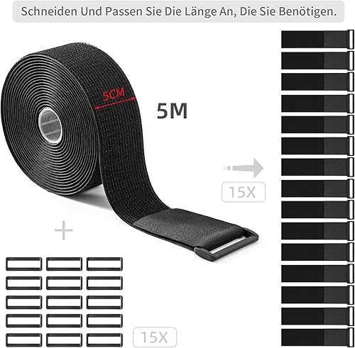 Trilancer 5 cm x 5 m Robustes Klettband mit 15 Schnallen – Verstellbar, auf Maß zuschneidbar und wiederverwendbar, Ideal für Kabel, Schläuche, Rohre und mehr - Cheap-Us