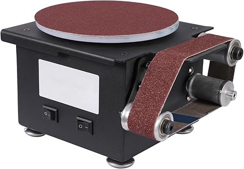 Stand Band und Tellerschleifer 100W Elektrischer Bandschleifer, 150mm Schleiftellers, Schneidkantenschärfer mit 10 Blatt Schleifpapier und 10 Schleifbändern, DIY Poliermaschine für Metall, Holz usw - Cheap-Us