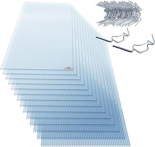 Gardebruk 14x Polycarbonat Hohlkammerstegplatten 4mm 50x Edelstahl Gewächshausklammern 10,25 m² Doppelstegplatte 1210x605 Stegplatte Gewächshausplatte - Cheap-Us