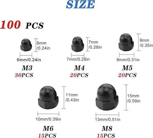 WeqeYent Schwarz Eichel Sechskant Hutmuttern 100 Stück, M8/M6/M5/M4/M3 Hutmuttern Hartmetall Stahl Sechskant Dekorative Kappenmutter für Schrauben Bolzen (Schwarz) - Cheap-Us
