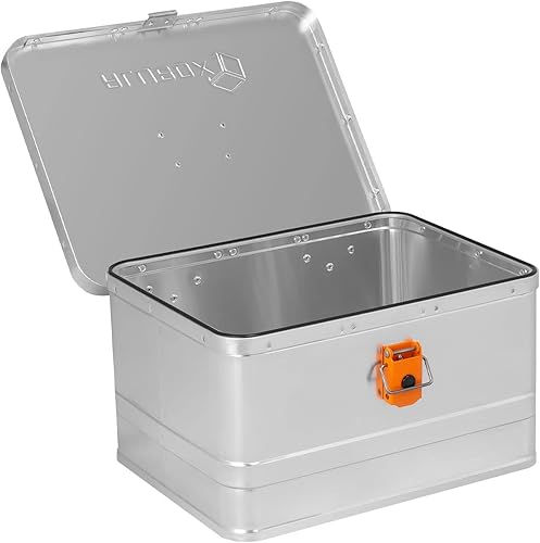 Alubox Werkzeugtruhe Werkzeugkoffer EASY 40 Liter silber Alu glänzend - orange Schnallen - Frontgriff - Außenmaße L 56 x B 37,5 x H 24 cm - Cheap-Us