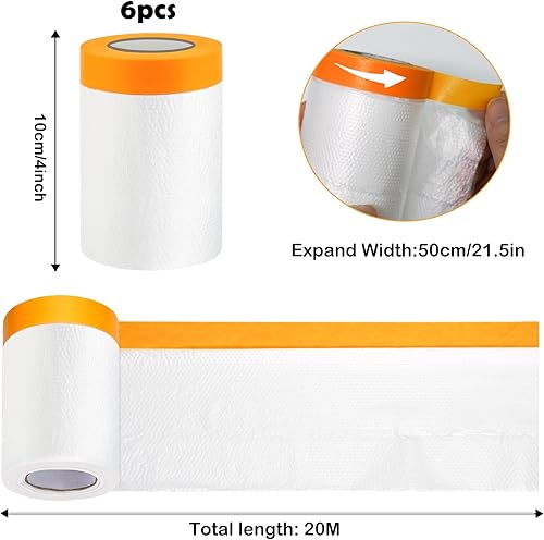 Gigmeta 6 Rollen Abdeckfolie Maler, Abdeckfolie Klebeband Goldband Masker mit Folie 55cm*20M, Transparent Abdeckfolie mit Gewebeklebeband Selbstklebende Malerfolie Malerband - Cheap-Us