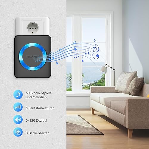 TECKNET Funkklingel, IP65 Funk klingel Set Aussen Wasserdicht, Kabellose Türklingel 400m Reichweite, Haustür Klingel kit mit 1 Plug-In-Empfänger und 1 Sender, 60 Melodien doorbell Mit LED-Blitz - Cheap-Us