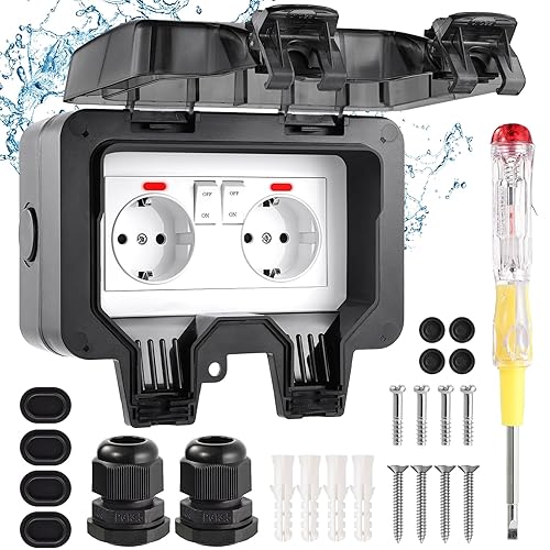 Aussensteckdose Wasserdicht IP66 Outdoor Steckdose mit Schalter Kontrollleuchte, 3680W Wetterfest Außensteckdose Aufputz Wand Garten Steckdose mit Klappdeckel inklusive Gärten Schwimmbad Aussenbereich - Cheap-Us