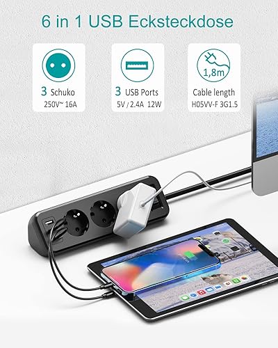 3 Fach Steckdosenleiste mit 3 USB, SUDEERY Multifunktionale Verteilersteckdose Ecksteckdose mit Schalter, Mehrfachsteckdose Überlastschutz mit 1.8m Verlängerungskabel für Küche, Schwarz - Cheap-Us
